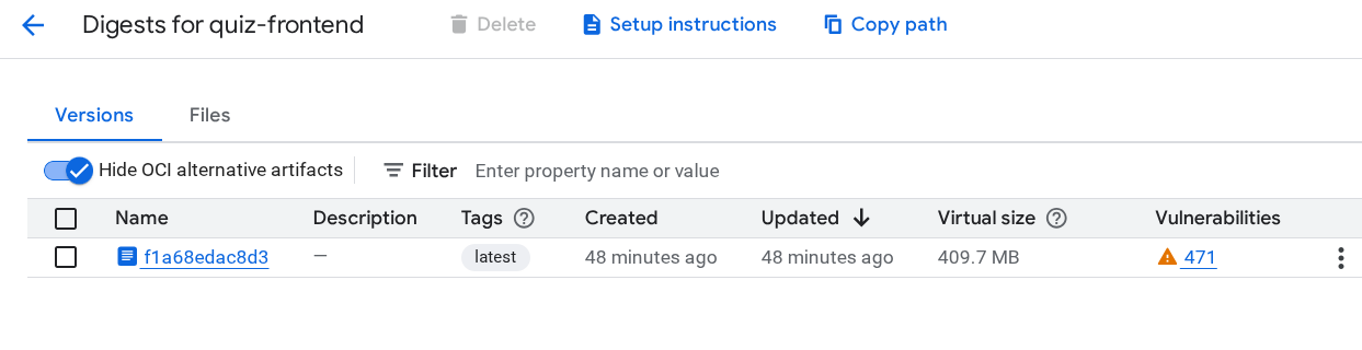 The name and tag for quiz-frontend on the Images page