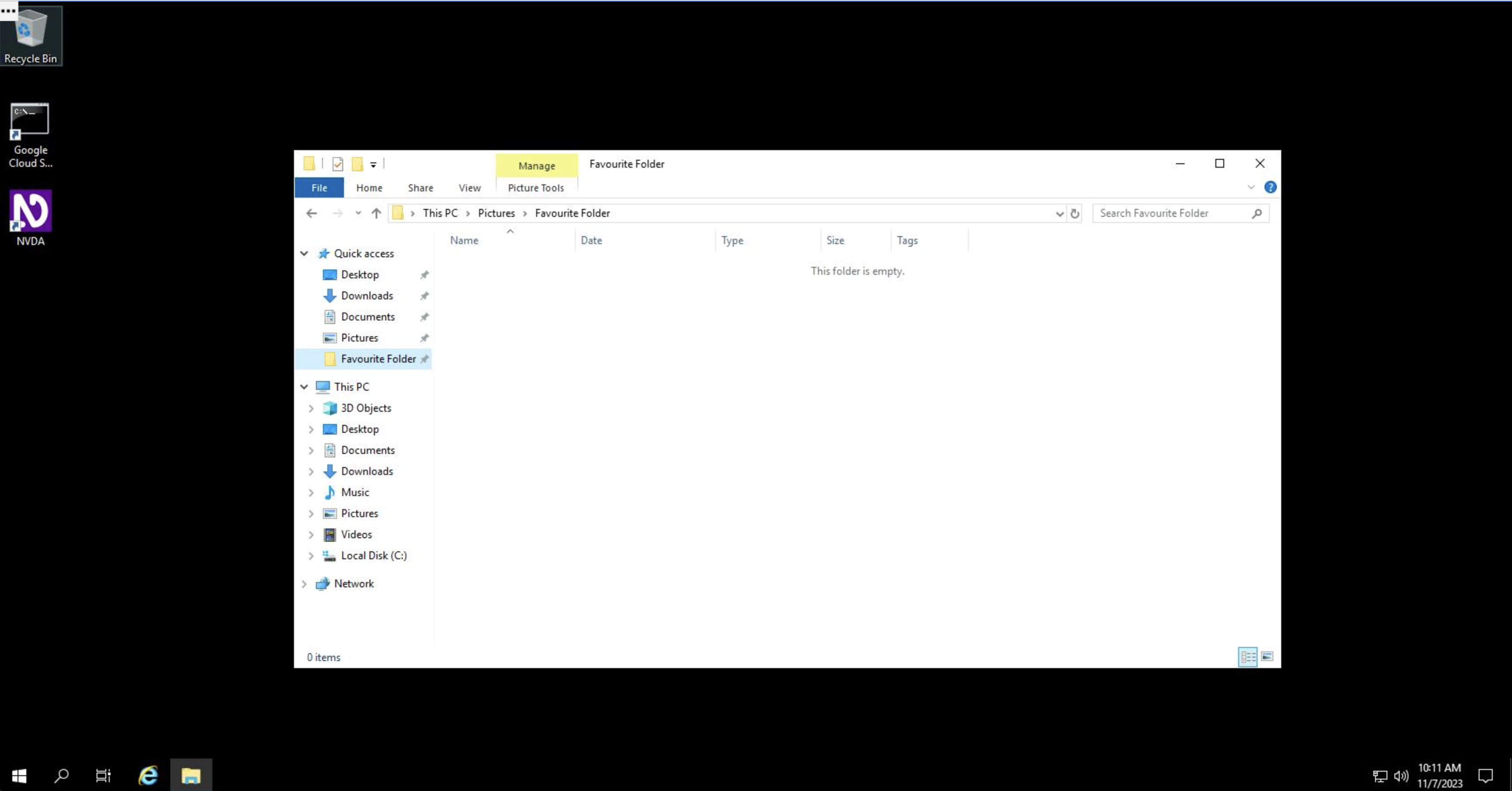 Screenshot of a Windows desktop, open to File Explorer. Within File Explorer, the user is in a folder called "Favourite Folder" which is nested within the "Quick access" list.