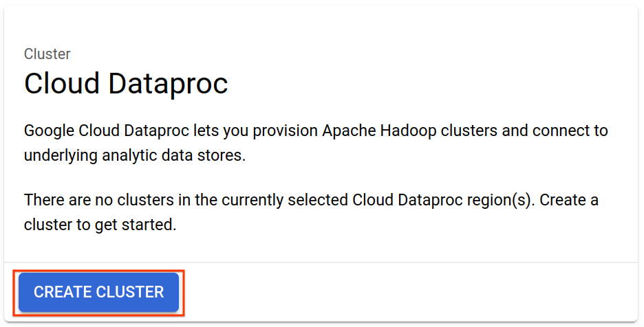 Cloud Dataproc menu with the Create Cluster button highlighted