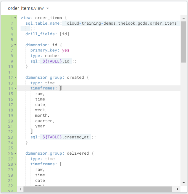 The order_items_view, which lists the views/order_items.view.lkml code.
