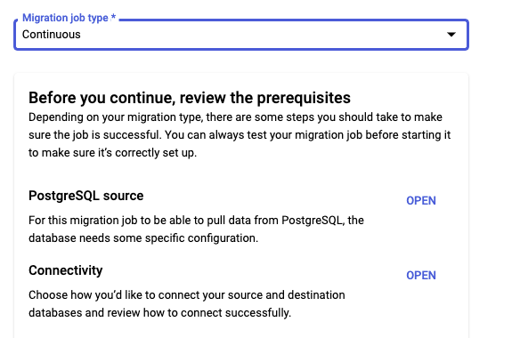 The completed Migration job type field; Continuous.