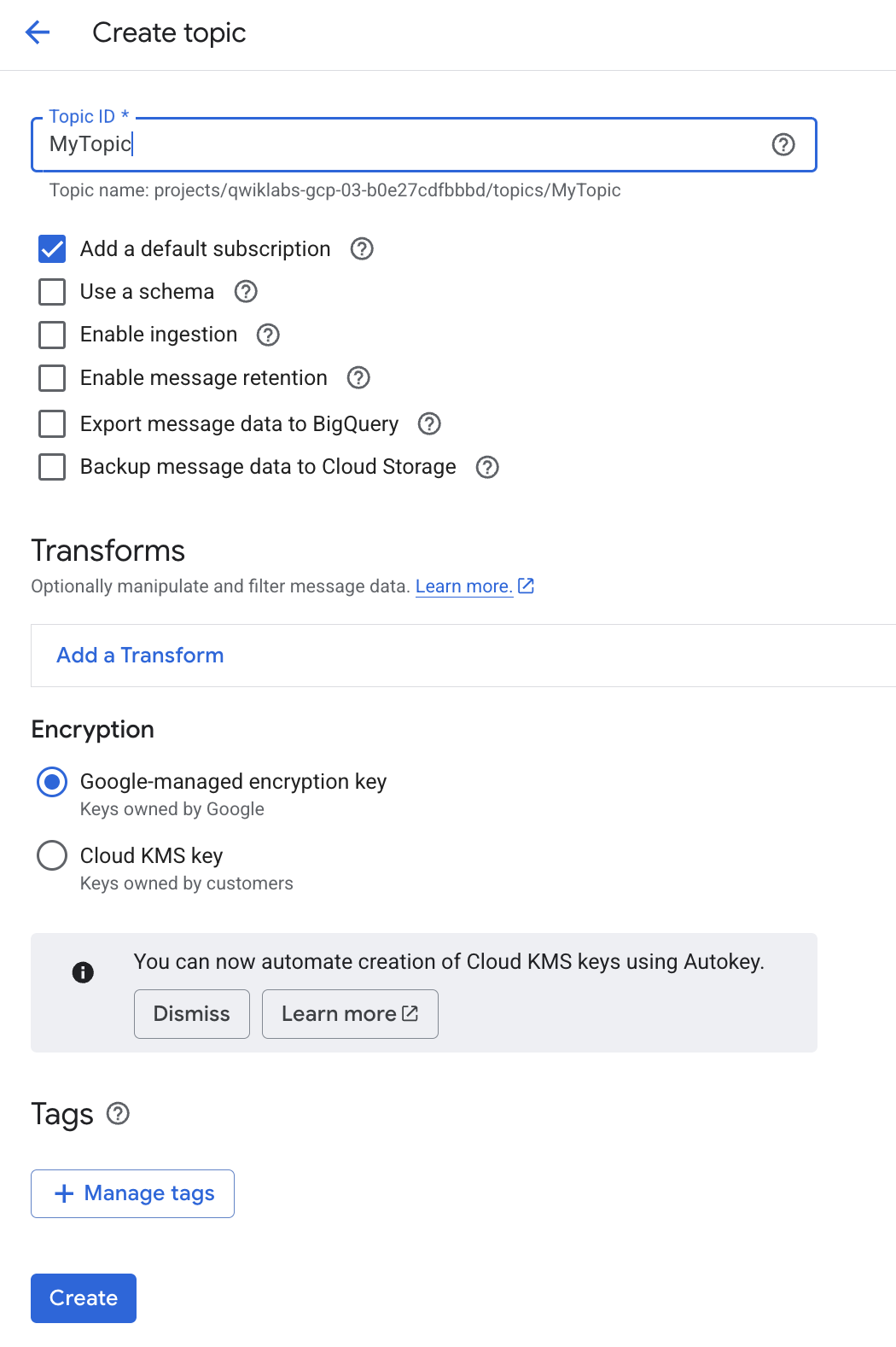 Create a topic dialog box