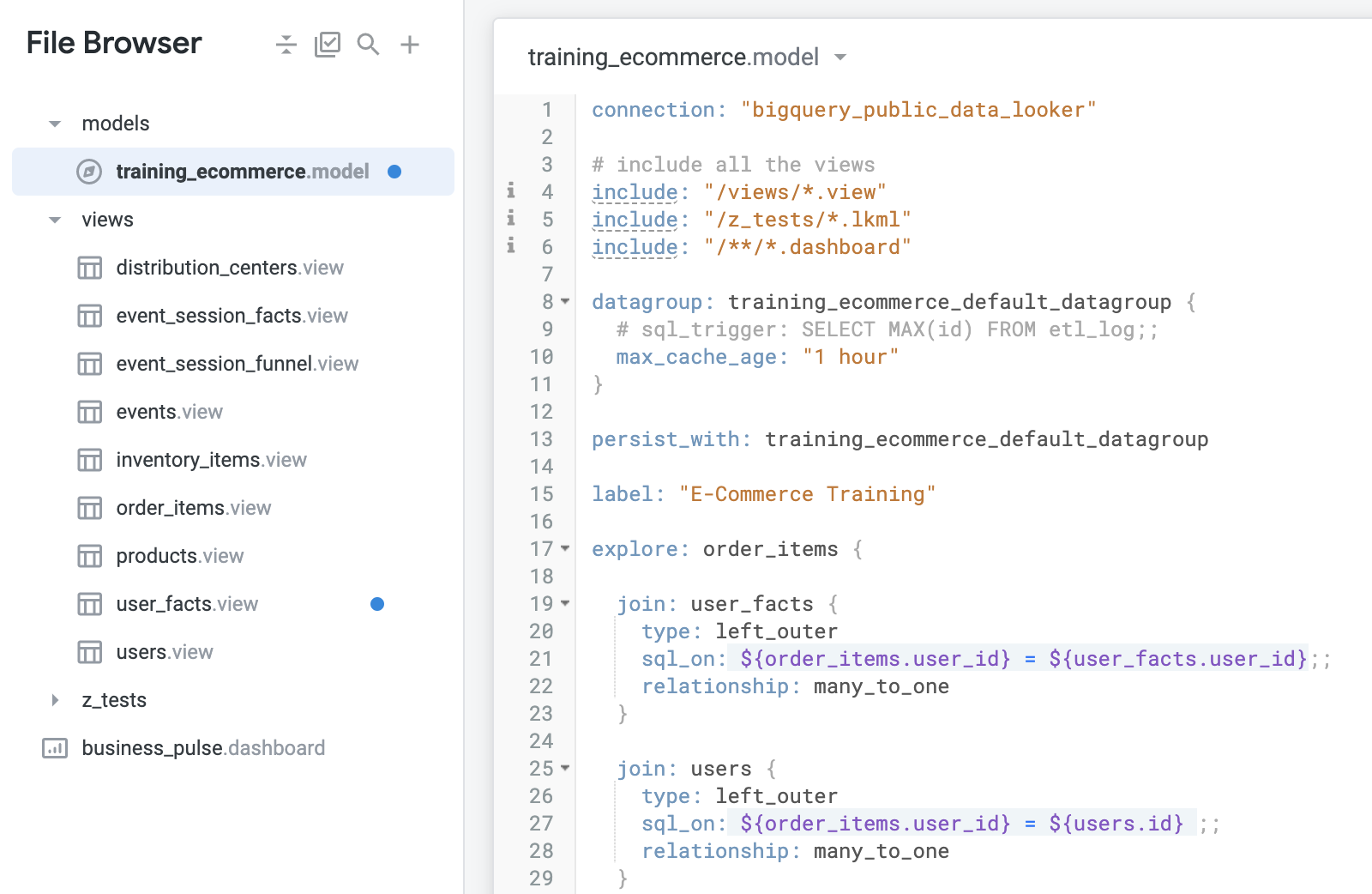 The training_ecommerce.model with user_facts explore added, displaying lines 1 to 29