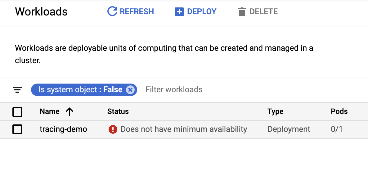 The Workloads page, with the tracing-demo listed along with the status message.