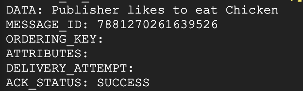 Tabla de tres columnas con encabezados: Data, Message_ID y Attributes. La columna Data contiene lo siguiente: Publisher likes to eat <FOOD>.