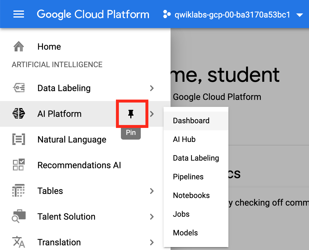 The highlighted AI Platform option in the navigation menu