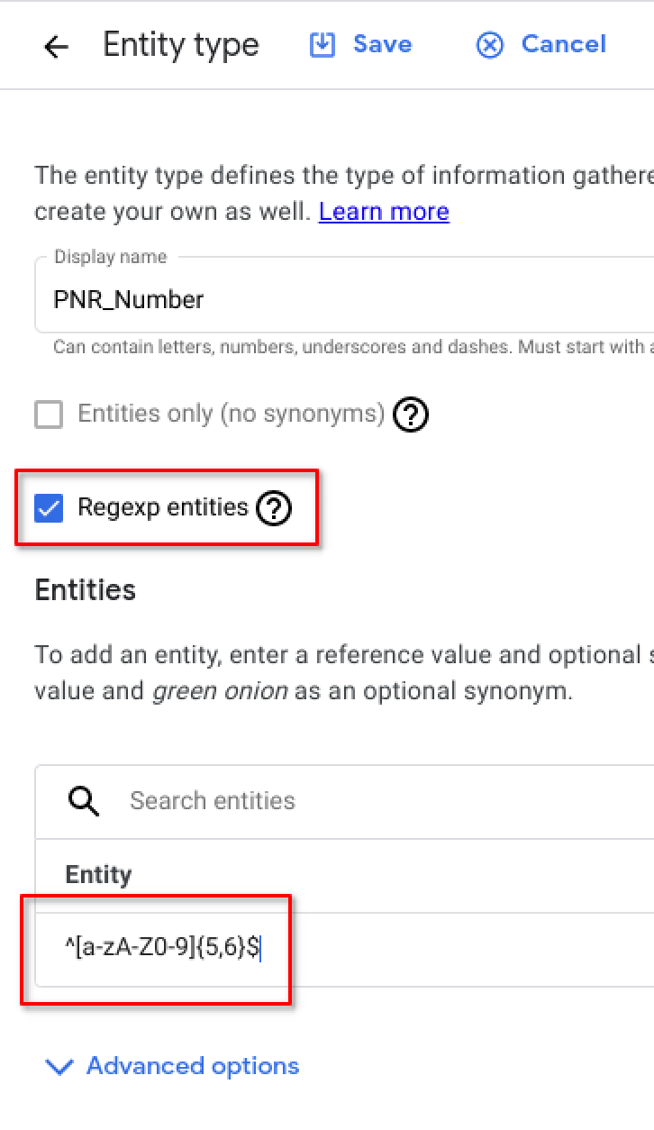 The Entity type page displaying the highlighted entity value and selected Regexp entities checkbox