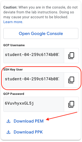 The highlighted SSH Key User and Download PEM button.