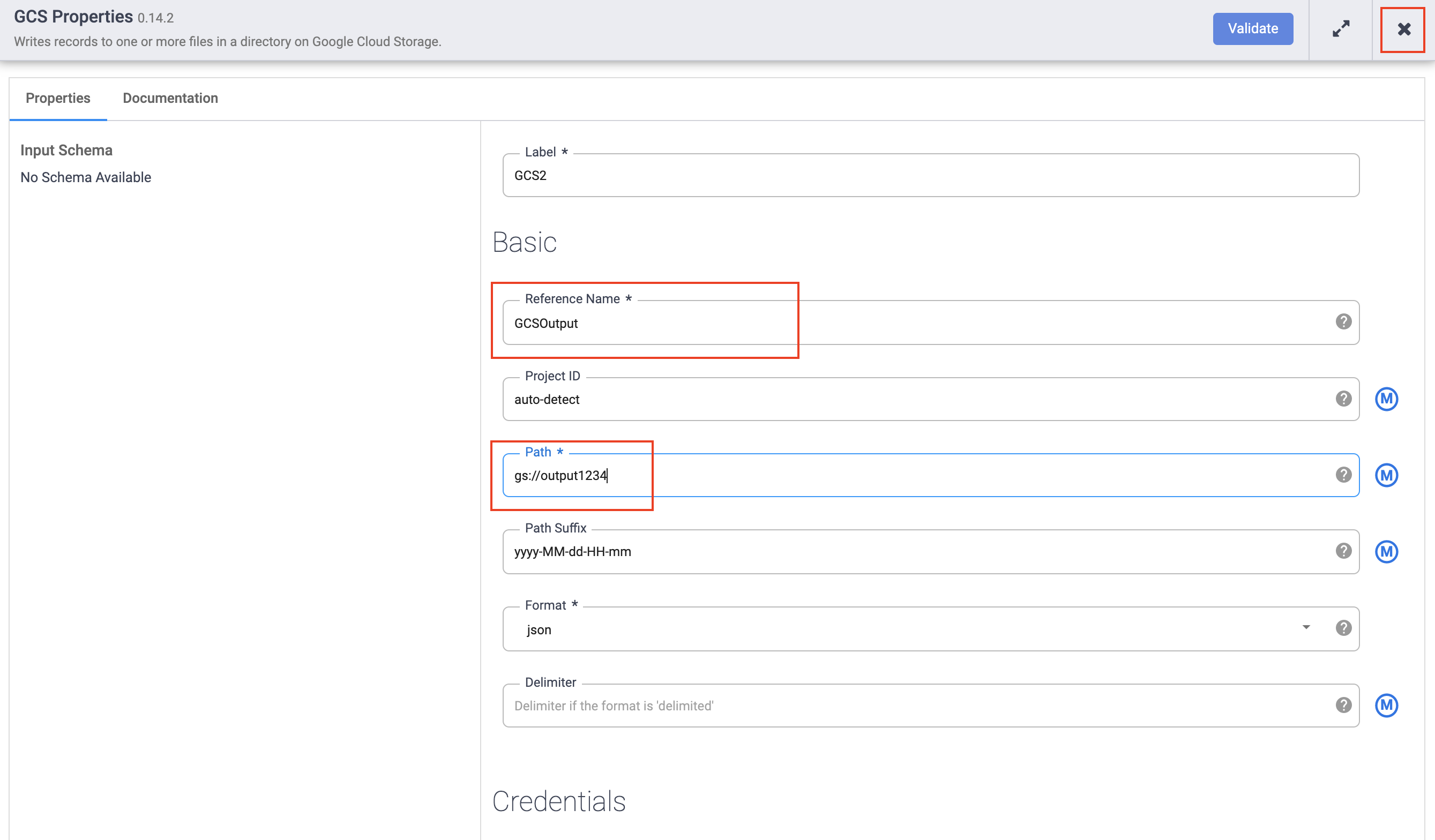 Path field name for Cloud Storage bucket