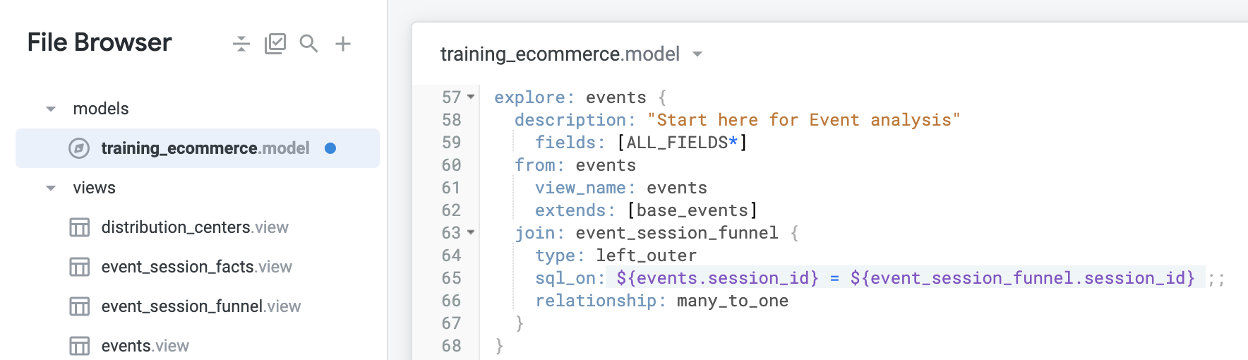The training.ecommerce.model file with the lines of events explore updated