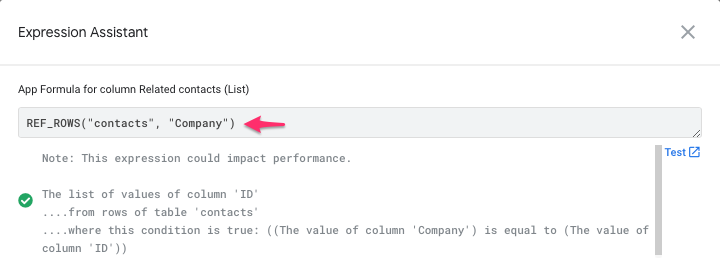 Expression Assistant page displaying the expression to use company