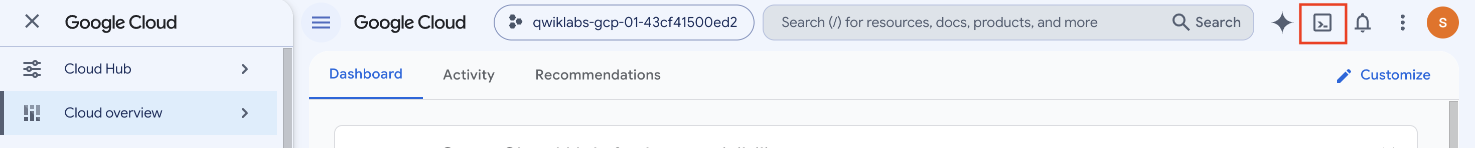The Cloud console with the Activate Cloud Shell button highlighted