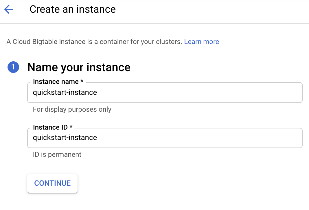 The Create an instance page displaying the values in the Name your instance section