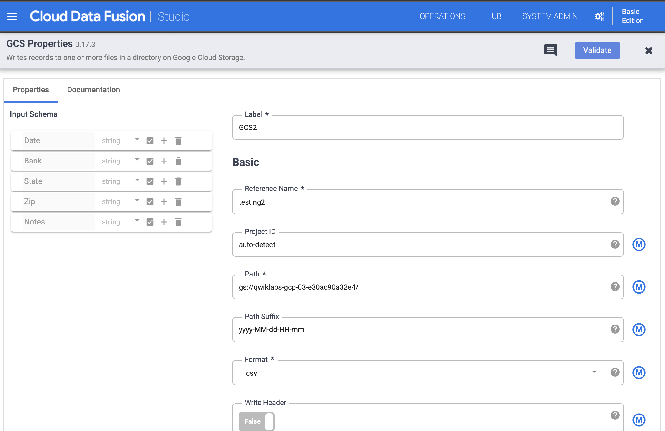 GCS sink properties configuration