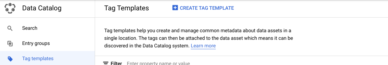 The Data Catalog pane, wherein the tag templates option is highlighted, along with the Create template button.