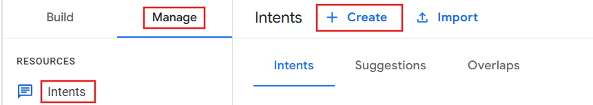 Intents tab with Create button highlighted