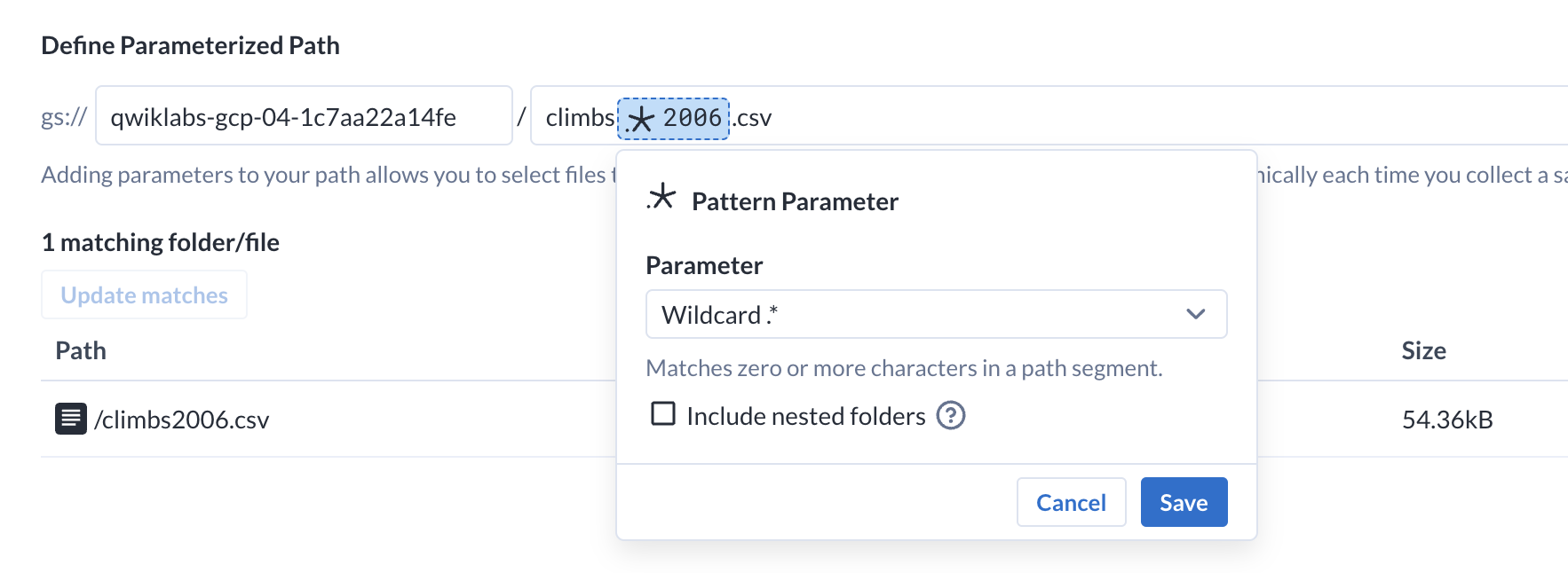 Pattern parameter dialog box with Parameter dropdown menu