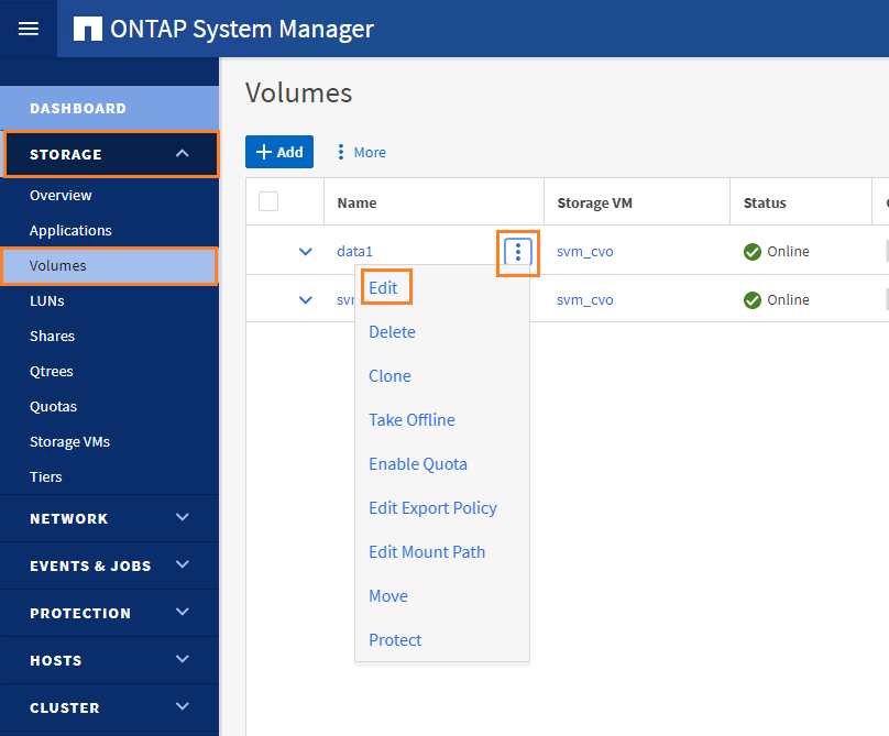 The Volumes page displaying the expanded More menu and the selected Edit option for data1