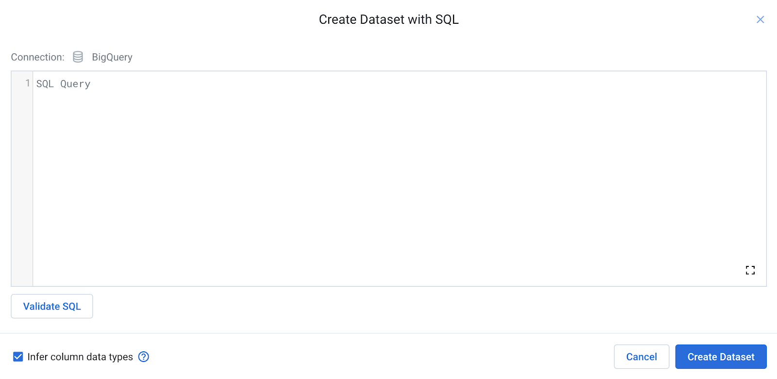 Create Dataset with SQL dialog box displaying SQL Query