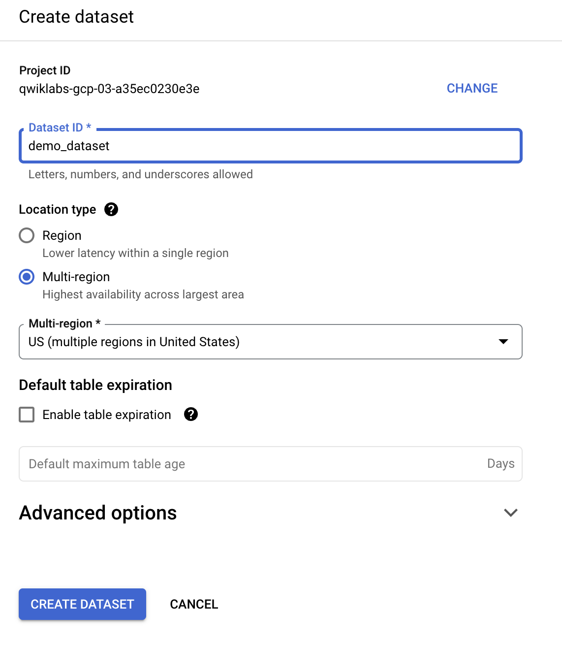 The Create dataset page, wherein the Project ID, Dataset ID, and Data location fields are completed.