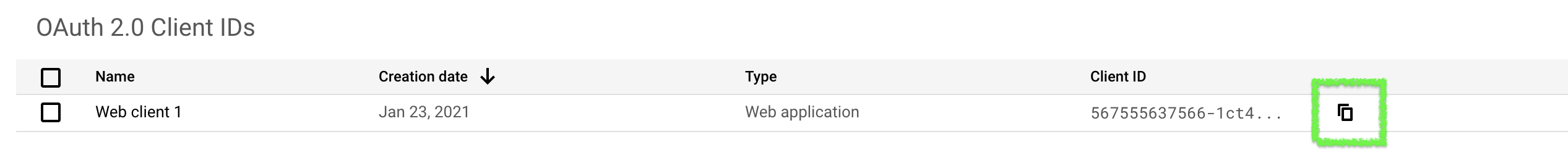 The copy paste icon alongside the client ID on the OAuth 2.0 Client IDs page