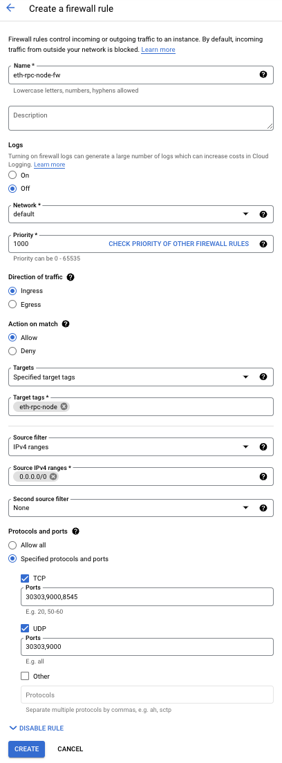 The Create a firewall rule page, which includes the aforementioned fields