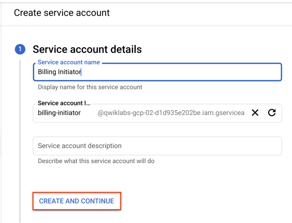 Create service account page with the Create and Continue button highlighted.