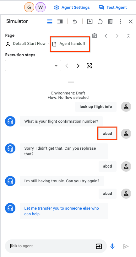 Simulator page with Agent handoff page highlighted