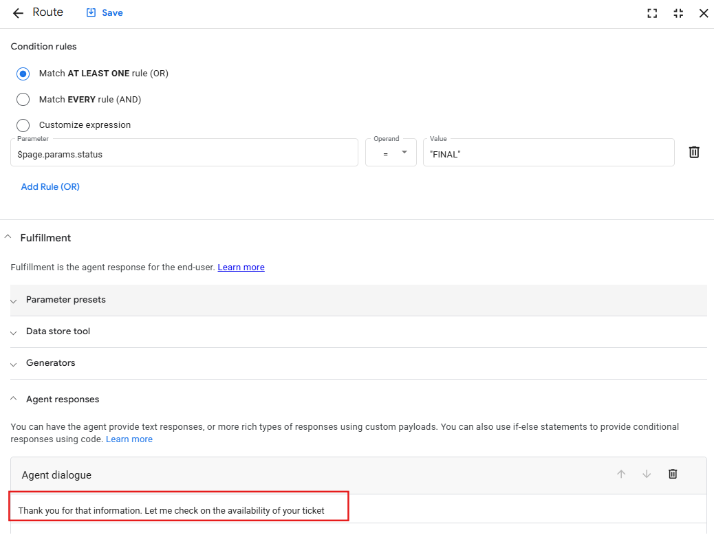 Fulfillment section with highlighted populated Agent says field