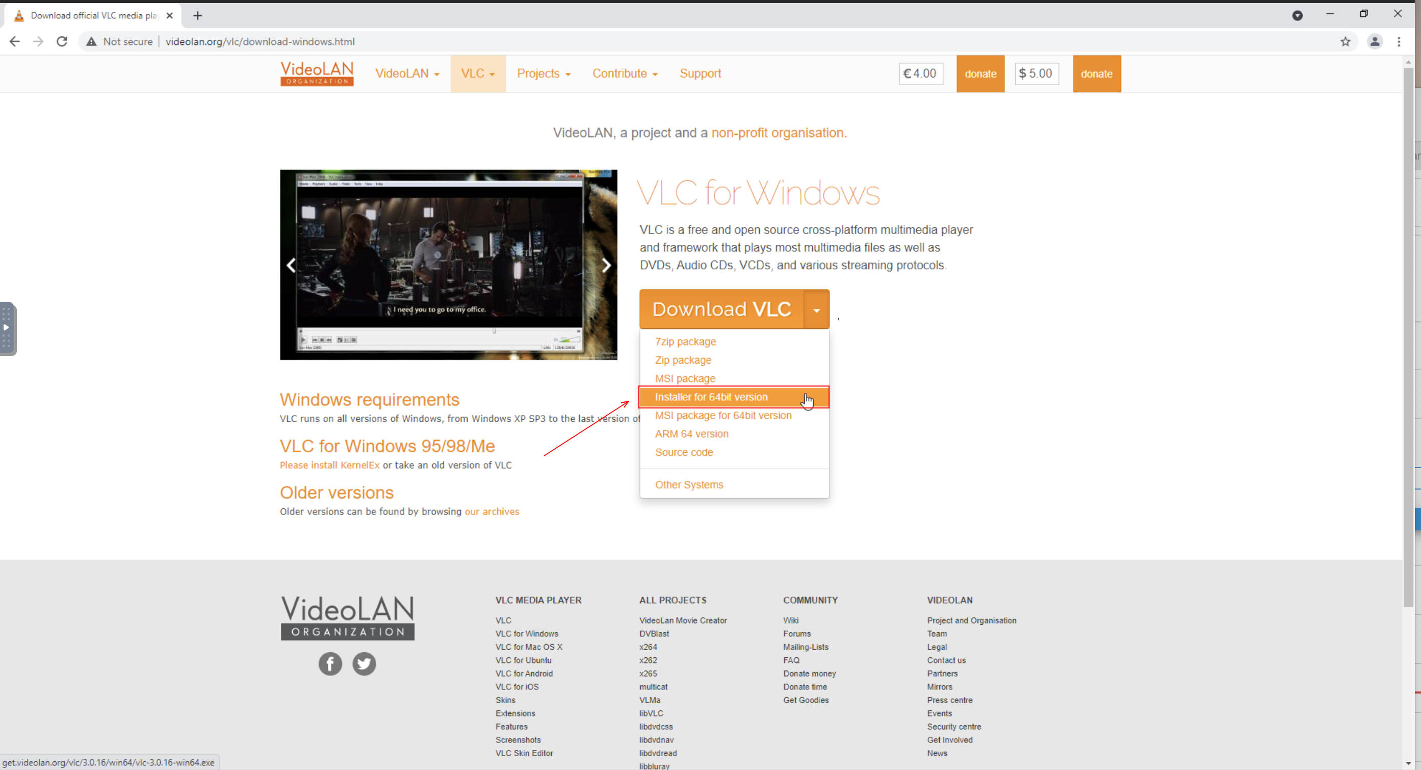 Screenshot of VLC download webpage. Under 'VLC for Windows' segment of the webpage, "Download VLC" button is selected, with a dropdown menu. The dropdown option highlighted is "installer for 64bit version".