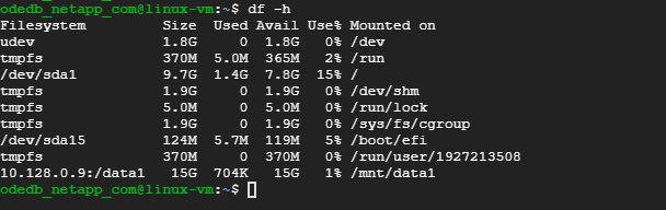 The df -h command output
