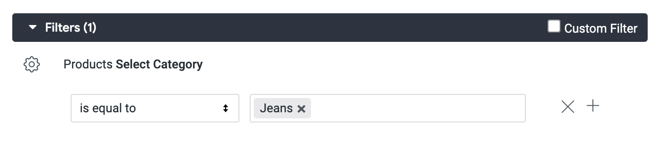 Filters(1) dialog box with Products select category set to is equal to Jeans
