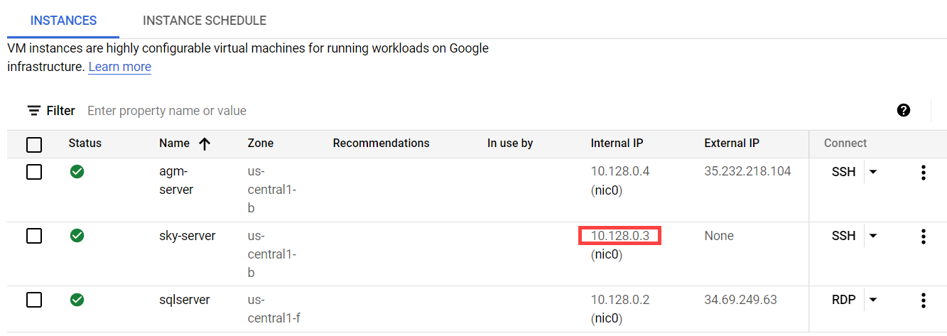 The Internal IP address '10.128.0.3' highlighted within the sky-server details.