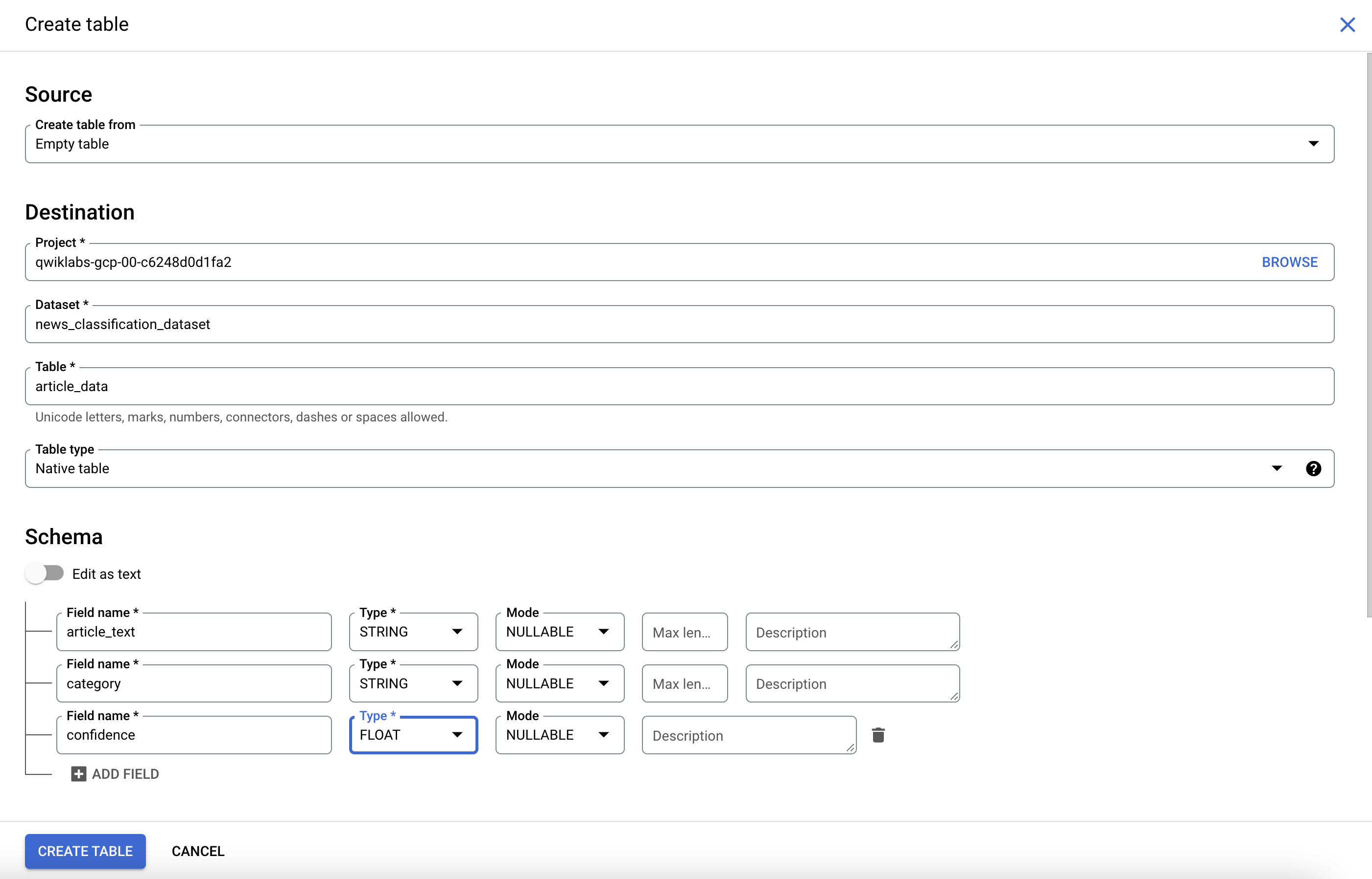 A list of fields within the Schema section of the 'Create table' page, including article-text, category, and confidence.