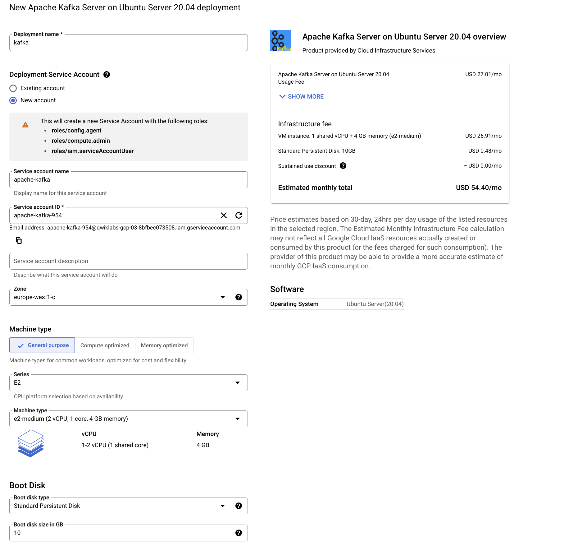 The completed Deployment name and Zone fields, as well as the machine type description.