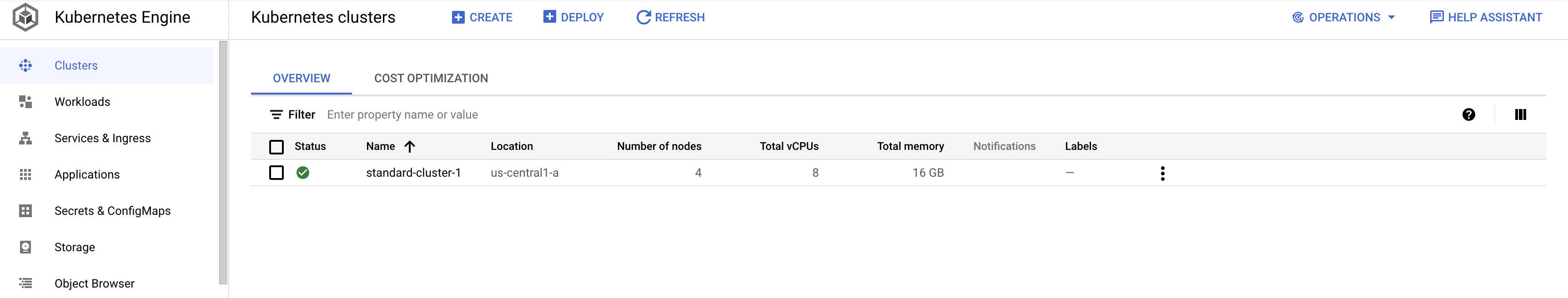 standard-cluster-1 のクラスタサイズが 4 と表示されている Kubernetes クラスタページ