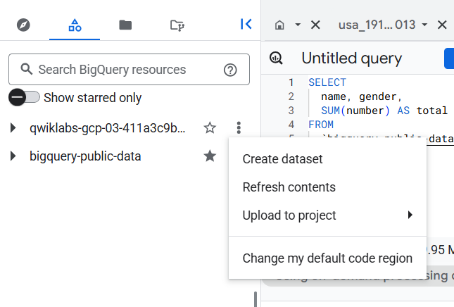 Cloud console with the explorer section and your project dataset highlighted