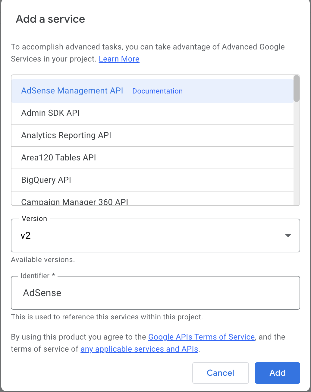 Add a service dialog box, which includes options such as AdSense Management API and Admin SDK API.