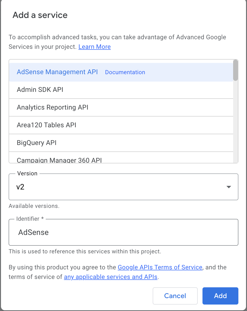 Aggiungi un servizio, una finestra di dialogo che include opzioni quali API AdSense Management e l&#39;API SDK Admin.