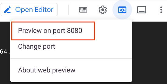The option 'Preview on port 8080' highlighted within the web preview menu.