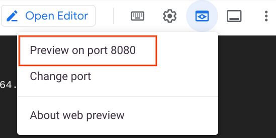 Option &quot;Prévisualiser sur le port 8080&quot; encadrée dans le menu &quot;Aperçu sur le Web&quot;