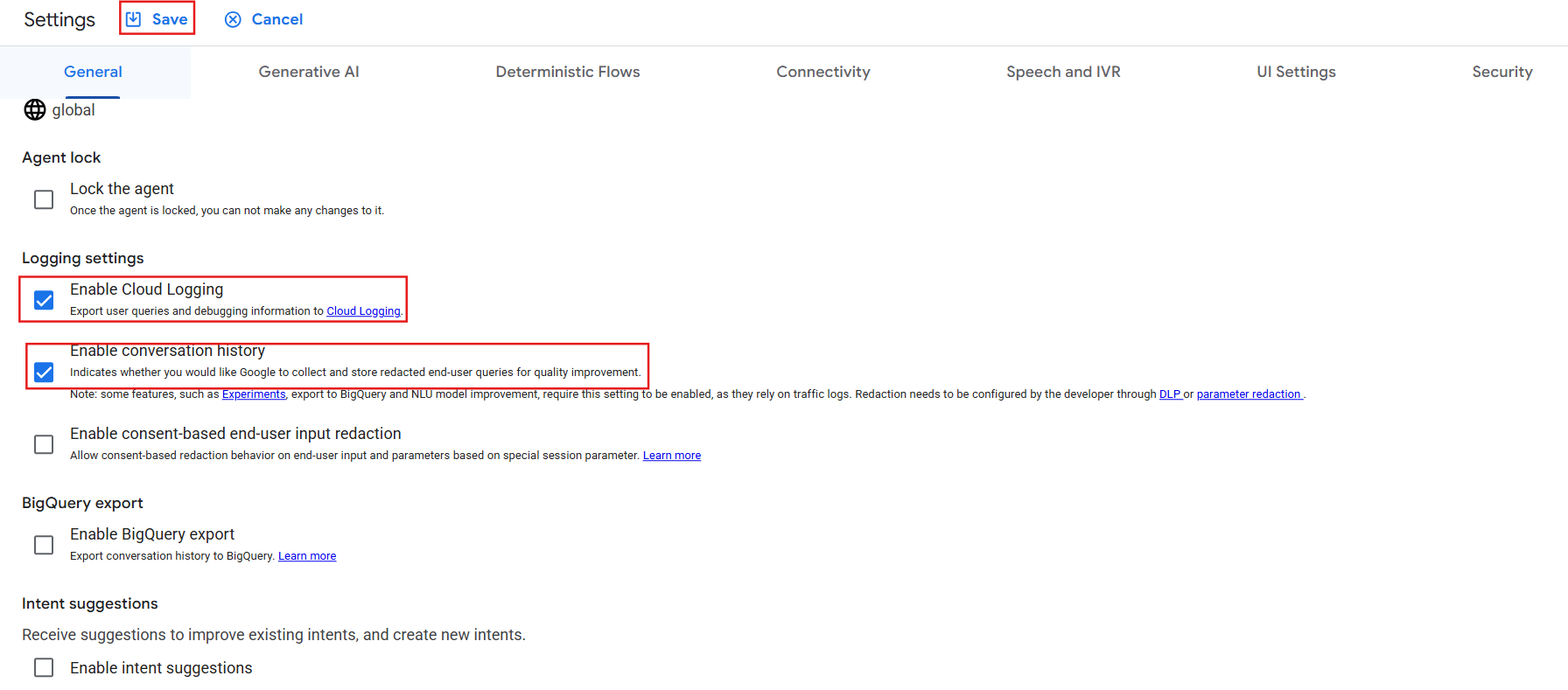 Agent Settings General tabbed page with Enable stackdriver logging option selected