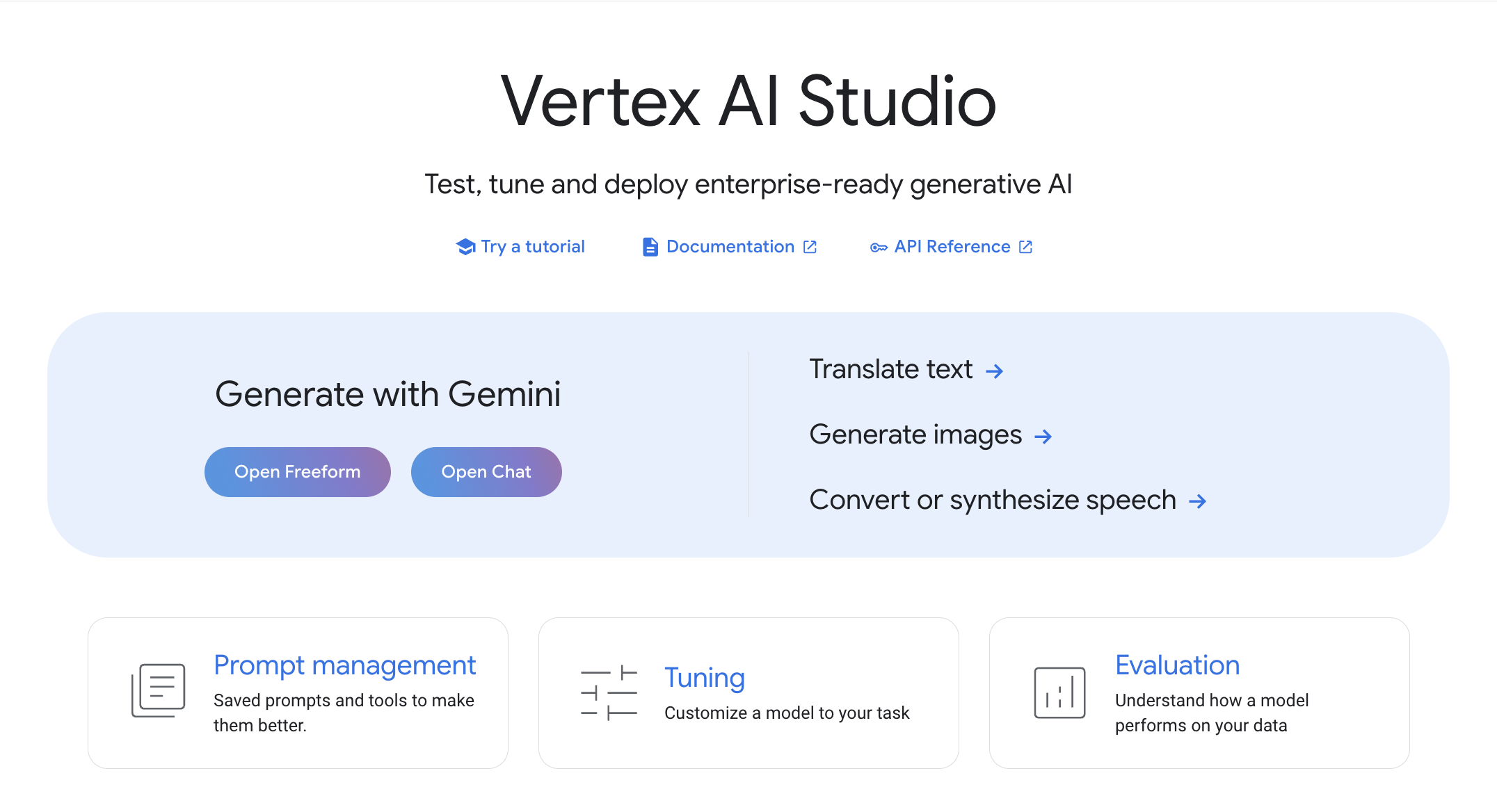 Página de Visão geral do Vertex AI Studio