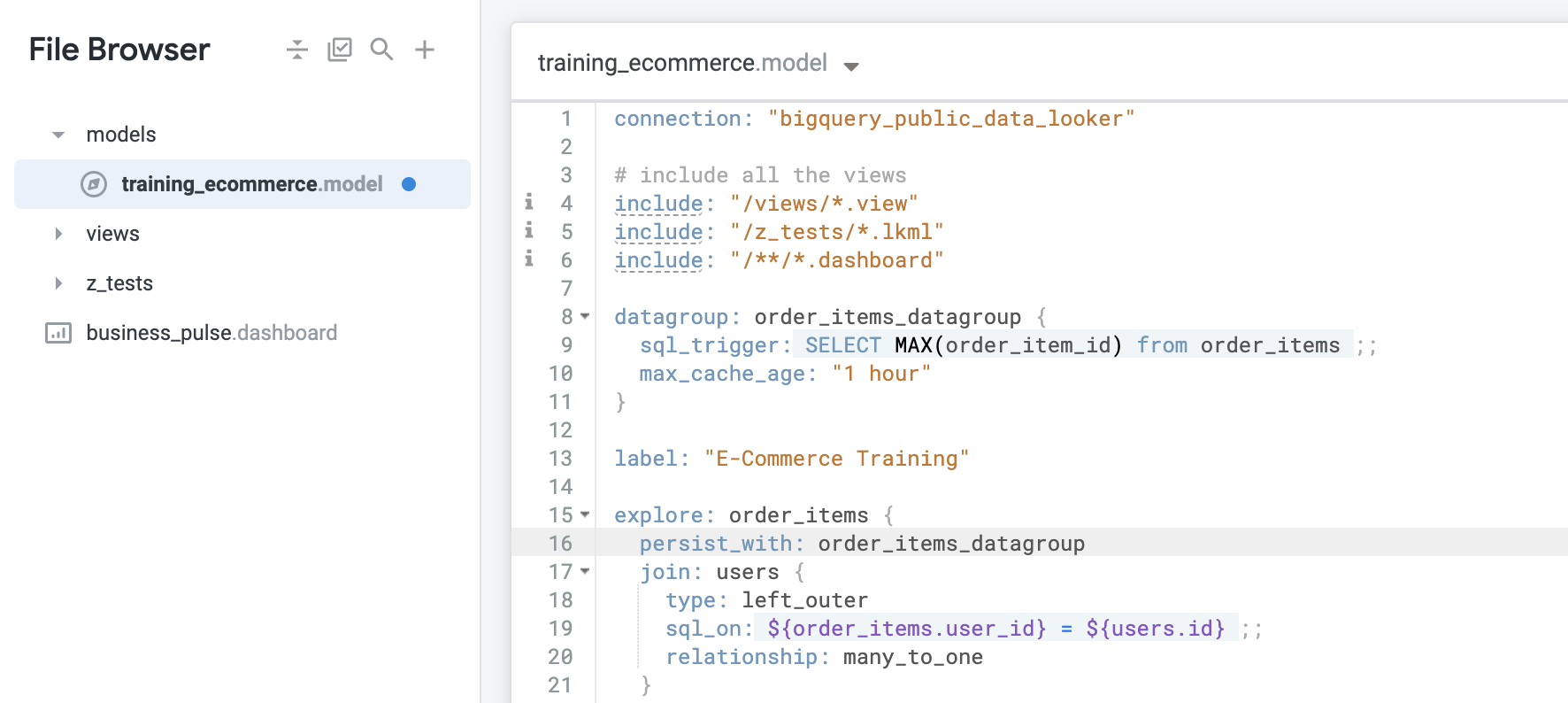 The training_ecommerce.model file with added persist_with code to order_items explore