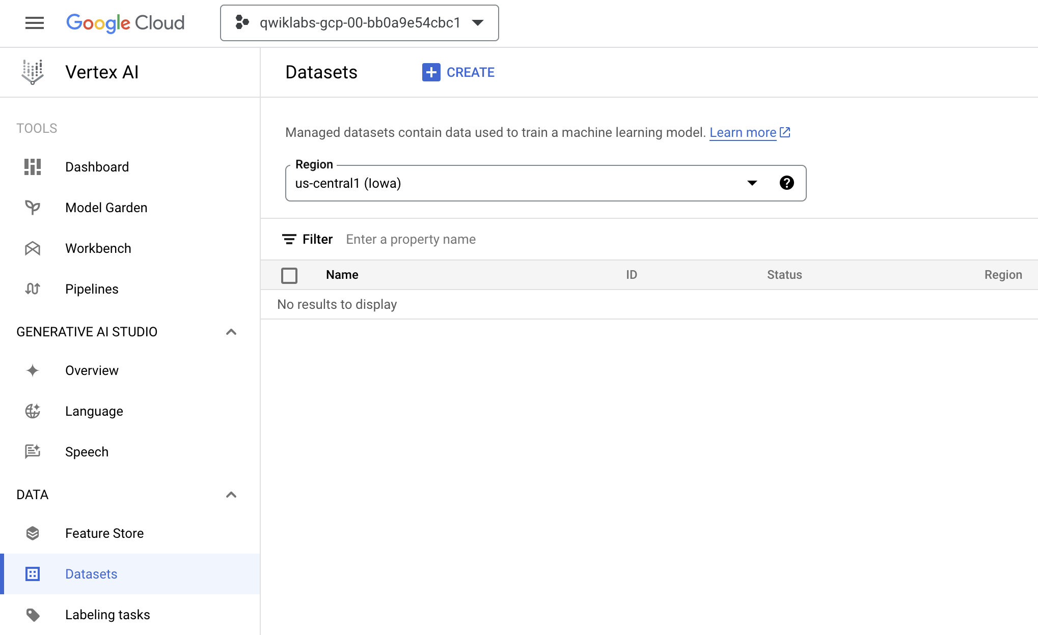 Google Cloud Console, Datasets page
