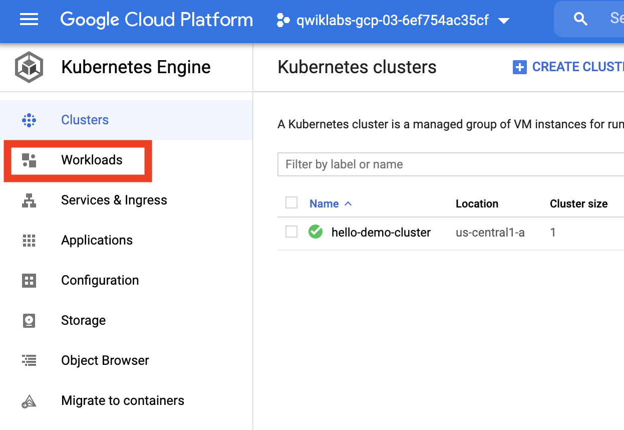 Workloads highlighted within the Kubernetes Engine menu