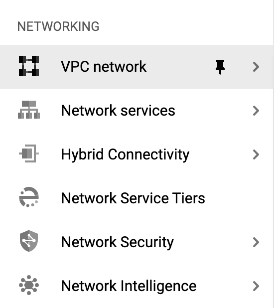 The VPC network option highlighted within the Networjing section of the navigation menu.
