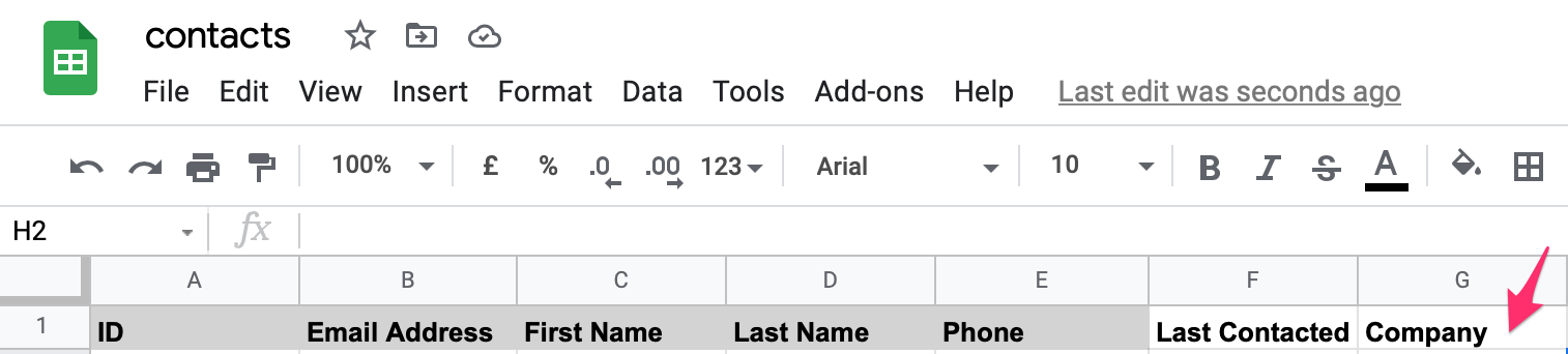 Column heading 'Company' highlighted in column G of the contacts sheet