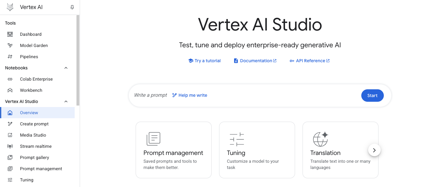 Vertex AI Studio Overview page