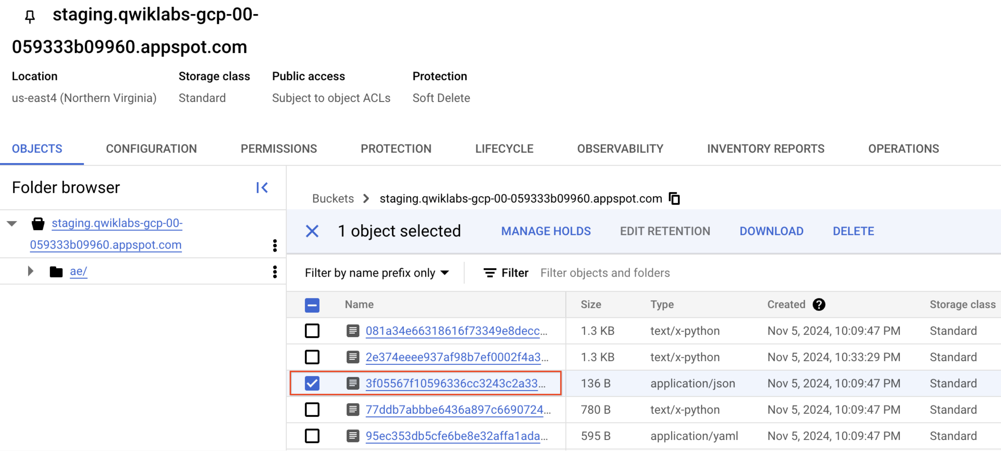 The name of the application/json file highlighted on the Objects tabbed page